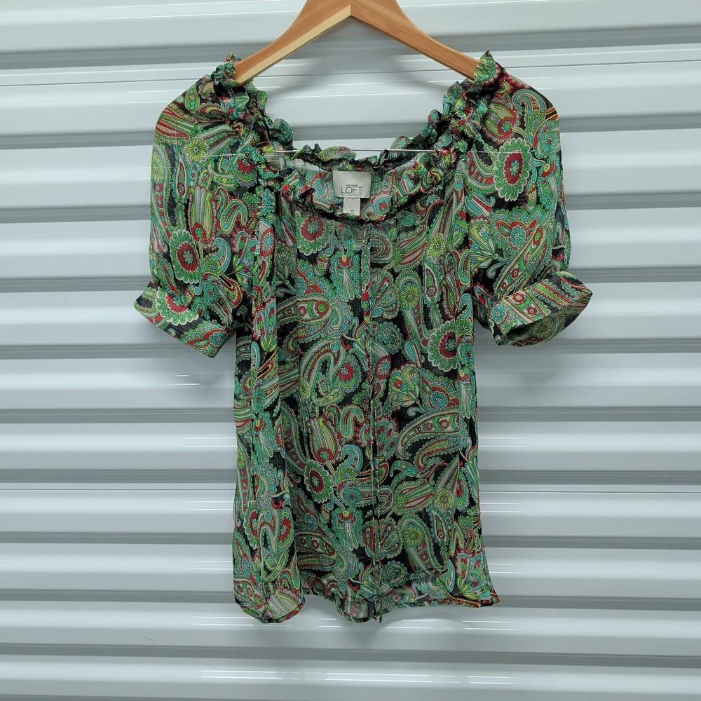 Loft Women‎ Blouse XS Polyester Multicolor Paisley Boho Ruffle Puff Sleeve Top